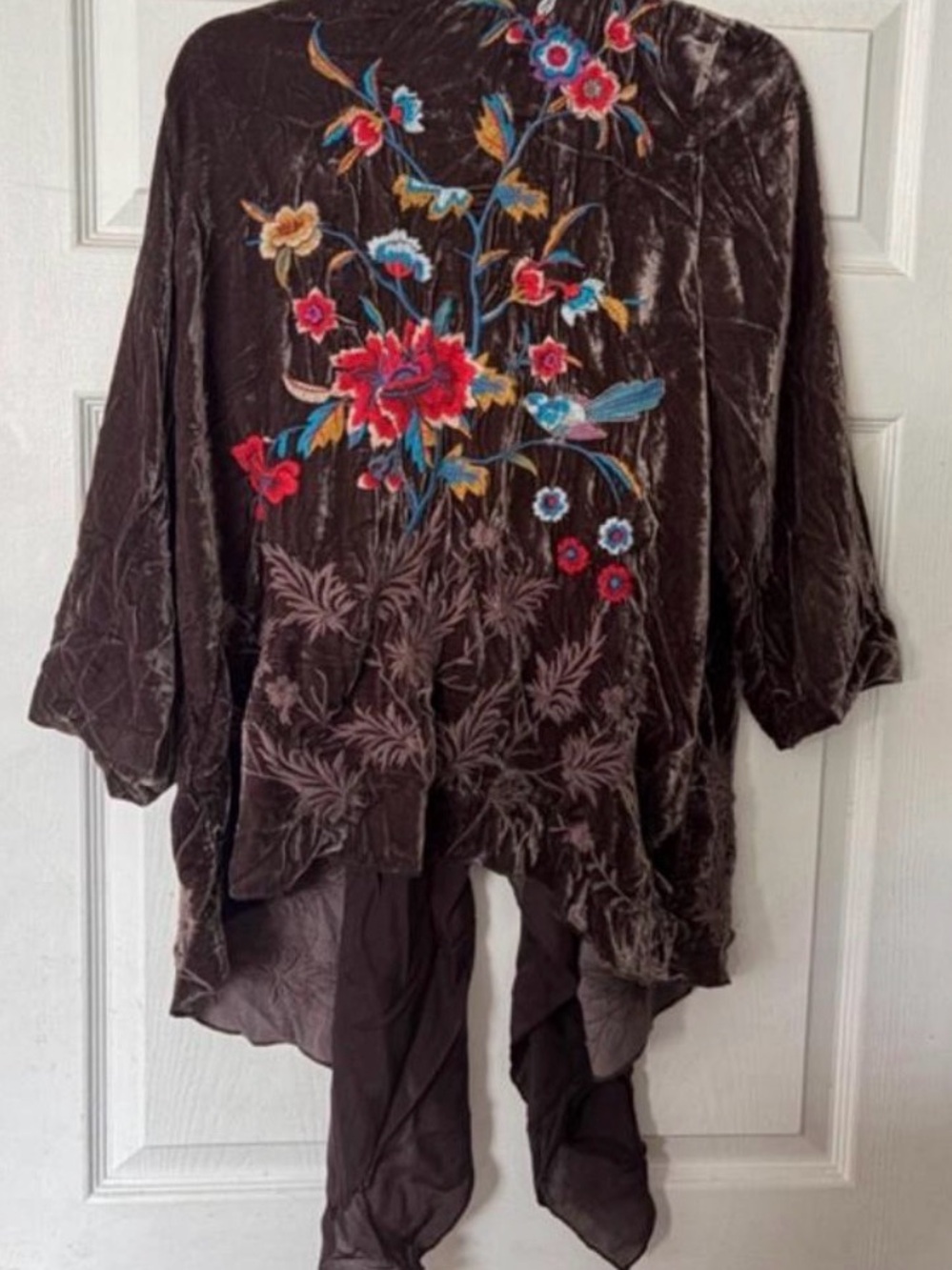 Johnny Was Brown Velvet Kimono/Tunic with Colorful Floral Embroidery